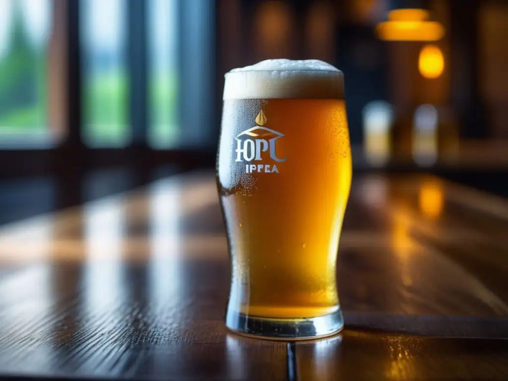 Cerveza IPA dorada con lúpulo Cerveza IPA dorada con condensación, salpicaduras y cono de lúpulo suspendido - Procesos Fríos