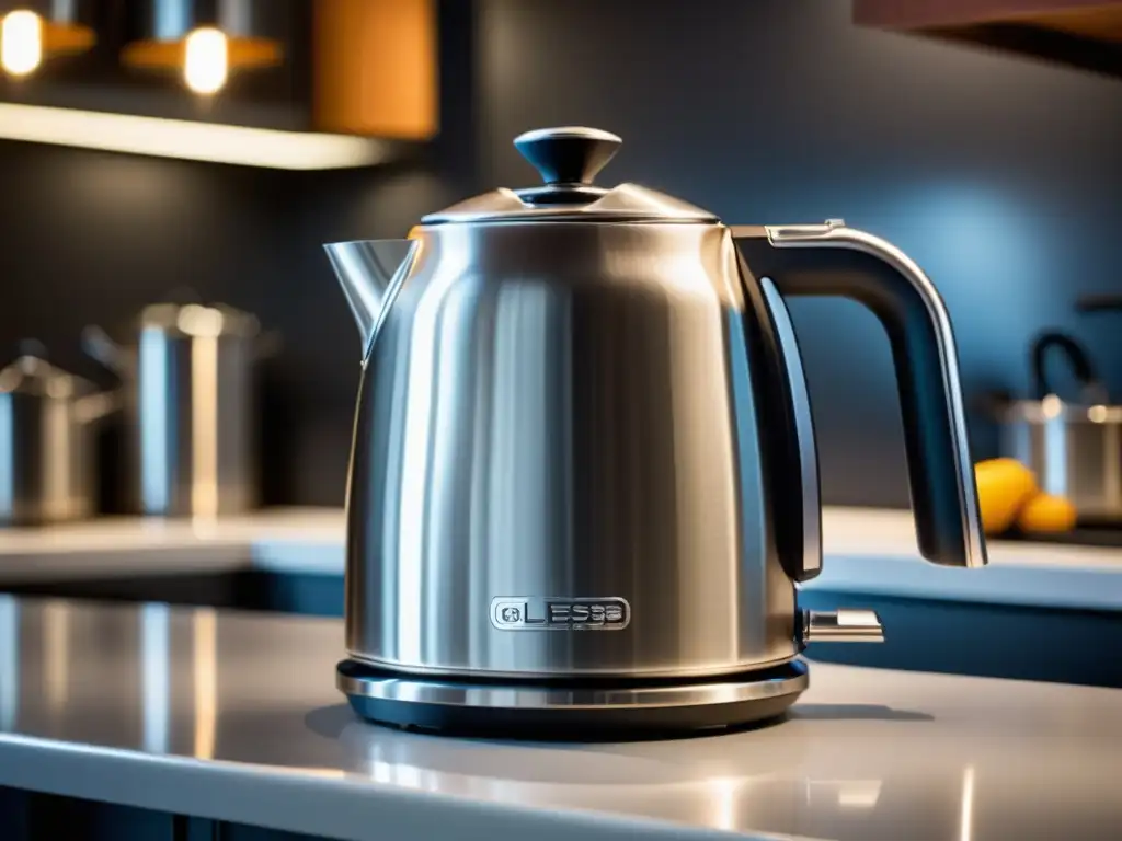 Kettle de acero inoxidable brillante en encimera Equipo de esterilización para cerveza: hervidor de acero inoxidable con detalles precisos y botellas doradas en segundo plano