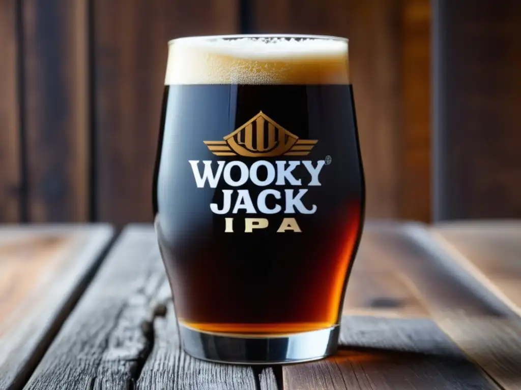 Imagen detallada de una cerveza Black IPA, con un vaso medio lleno en una mesa rústica