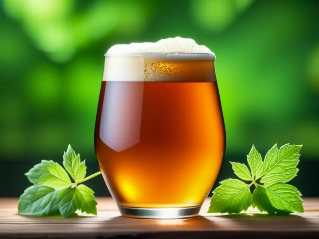 Cerveza Nortña Golden Ale, detalle 8K de cristal y lúpulo verde -