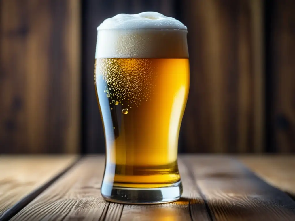 Imagen detallada de una cerveza Pilsner dorada en un vaso, resaltando las burbujas y el proceso de carbonatación