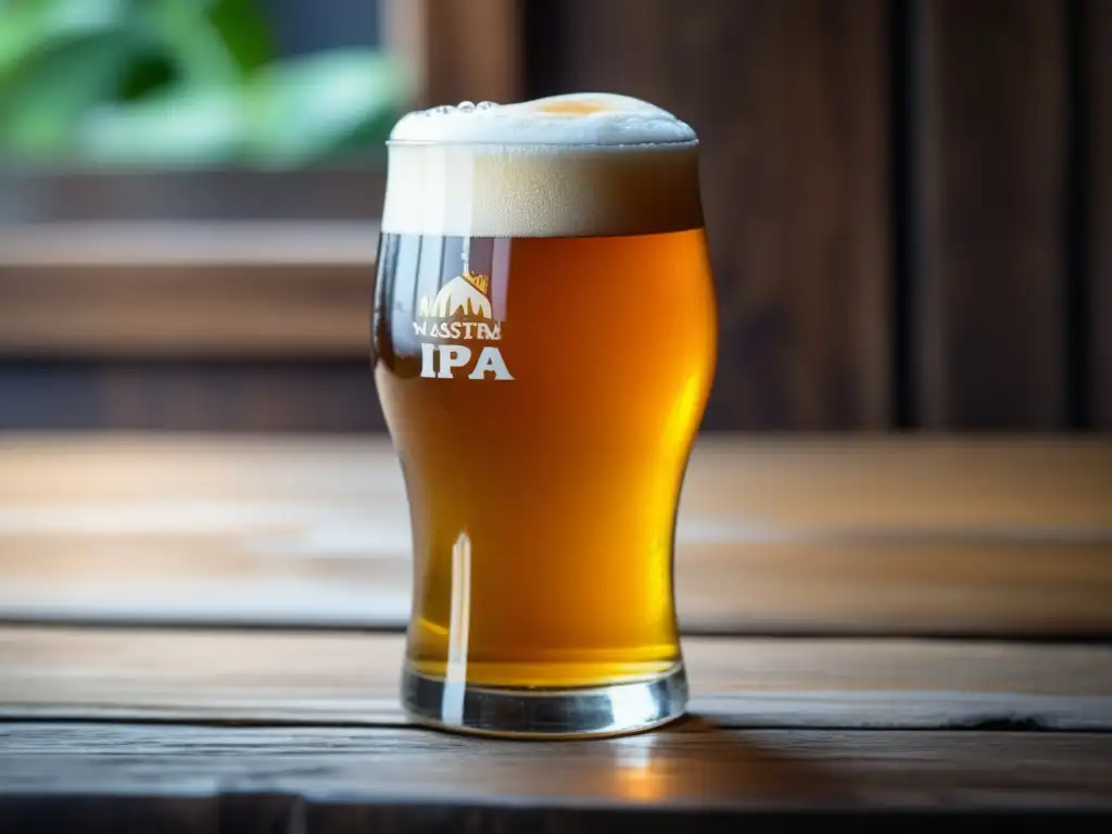 Cerveza dorada en vaso de cristal Cerveza IPA dorada Mastra en vaso limpio, sobre mesa de madera rústica