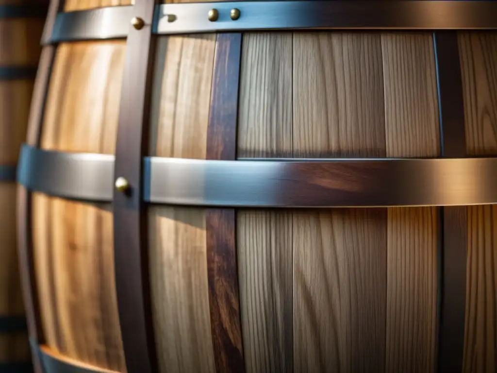 Detalle de barril de madera envejecida Técnicas de Maduración: Barril de madera muestra detalles elegantes y resalta el envejecimiento del cerveza