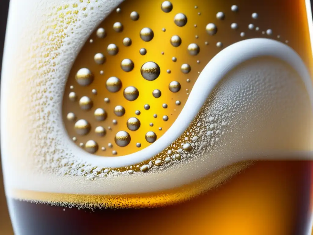 Detalle dorado de cerveza, burbujas y aromas Detallada imagen de cerveza dorada con carbón y patrón hipnotizante