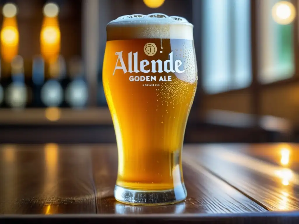 Cerveza dorada y cristalina en vaso Cerveza Allende Golden Ale - Lager dorada con burbujas elegantes
