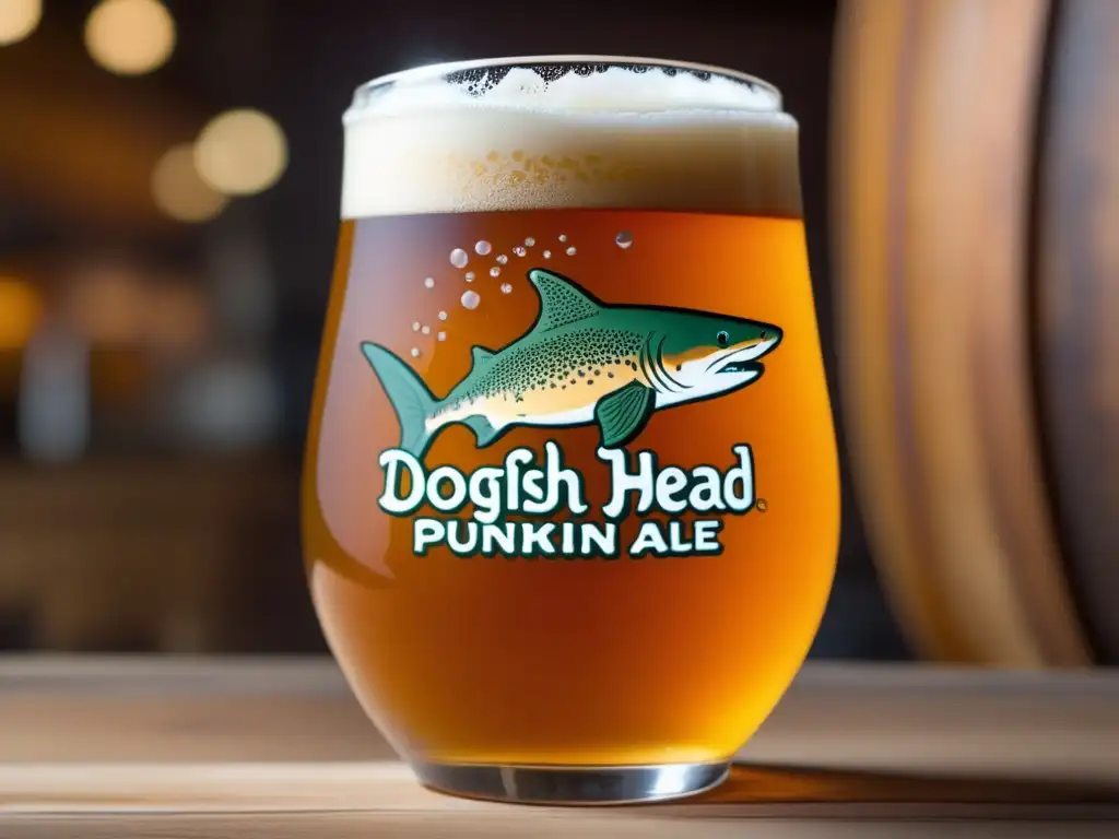 Imagen detallada de una cerveza Dogfish Head Punkin Ale en vaso de cristal, con espuma cremosa y logo de la marca