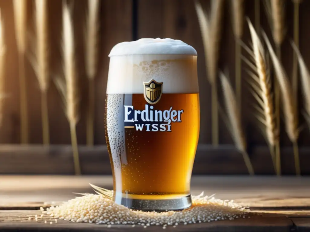 Cerveza Erdinger: Detalle burbujas y espuma Cerveza Weizenbier Erdinger recién servida, con burbujas y espuma blanca sobre mesa de madera