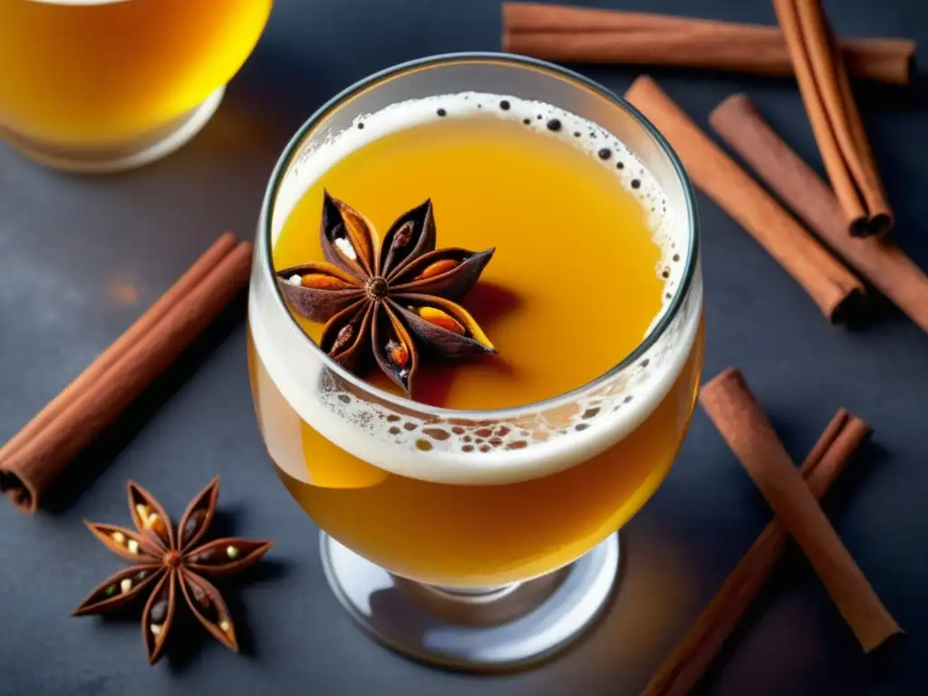 Cerveza artesanal con especias coloridas Cerveza con especias y juego de luz y sombras en vaso adornado con clavo, anís estrellado, canela y cáscara de naranja