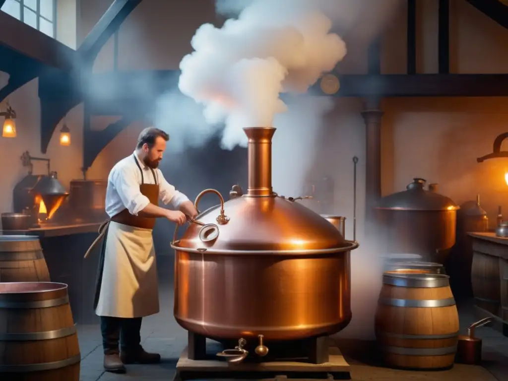 Proceso de decocción en una cervecería europea tradicional Escena detallada de una cervecería europea tradicional con cocción decocción