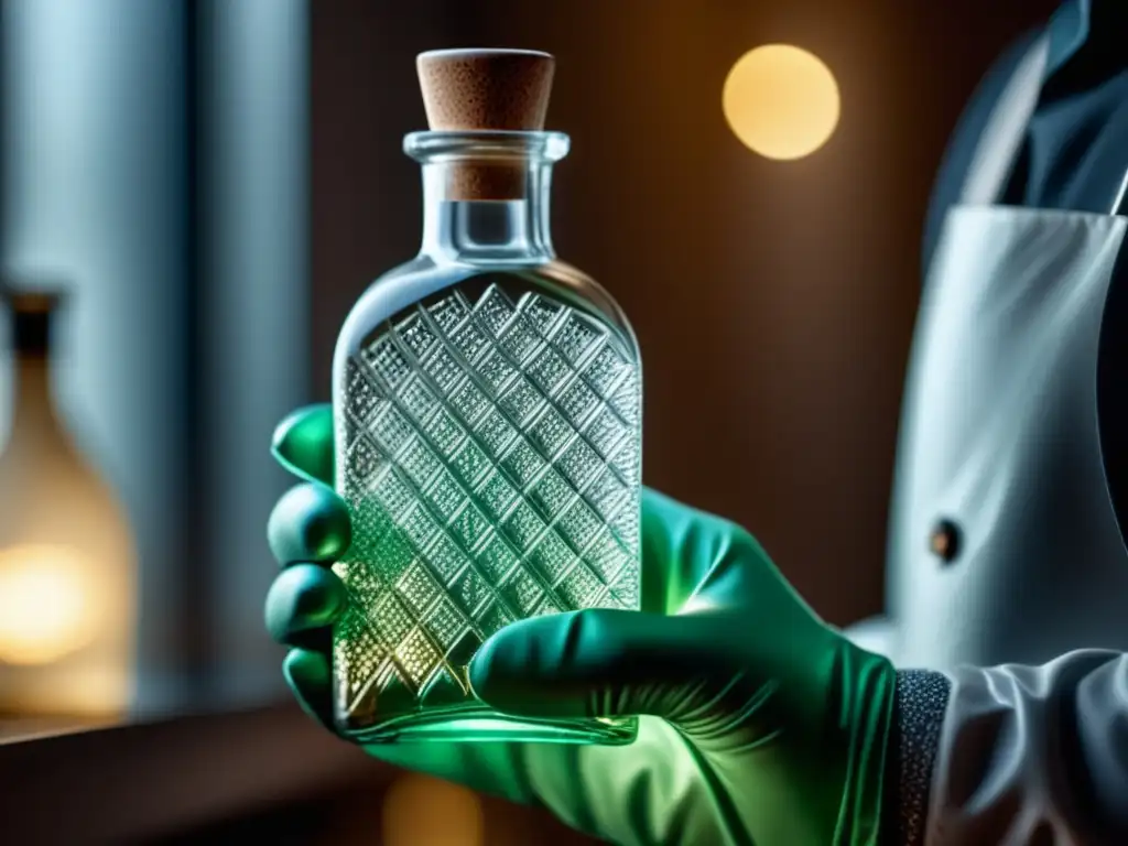Persona con guantes sujetando botella limpia Persona con guantes sosteniendo botella de vidrio limpia y brillante