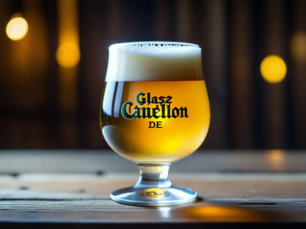 Cerveza Gueuze de Cantillon: Dorada y efervescente Gueuze de Cantillon: Cerveza Lambic dorada y efervescente en vaso sobre mesa de madera