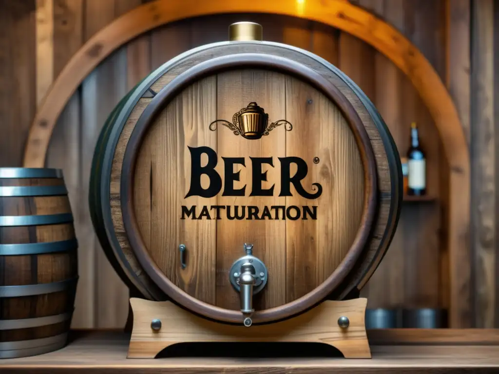 Barril de madera antiguo con cerveza envejecida Barrica de madera envejecida muestra arte de maduración y lagering de cerveza -