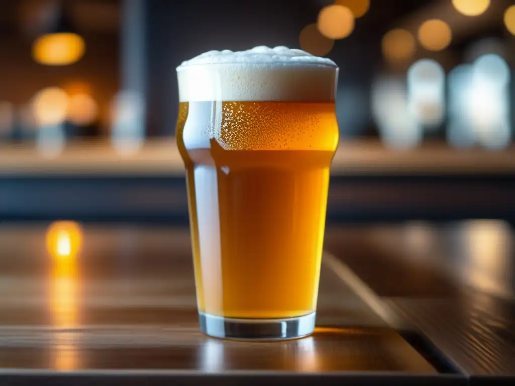 Cerveza NEIPA dorada y espumosa en vaso de cristal Imagen 8k de un vaso de cerveza NEIPA dorada, espumosa y burbujeante en una mesa de madera - Estilo NEIPA