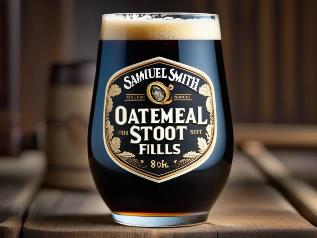 Cerveza negra de Samuel Smith: rica y suave Cerveza Oatmeal Stout de Samuel Smith: imagen detallada en 8k de un vertido rico y aterciopelado, con espuma cremosa y color ébano