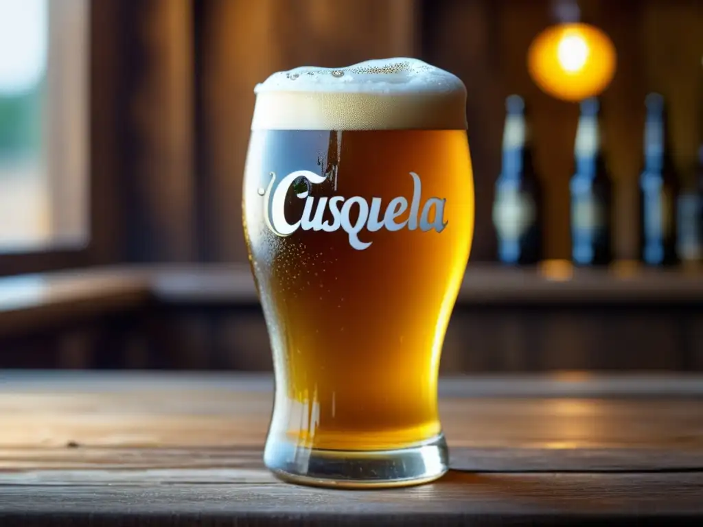 Cerveza Cusqueña: Imagen detallada de una cerveza dorada con espuma cremosa y burbujas carbonatadas
