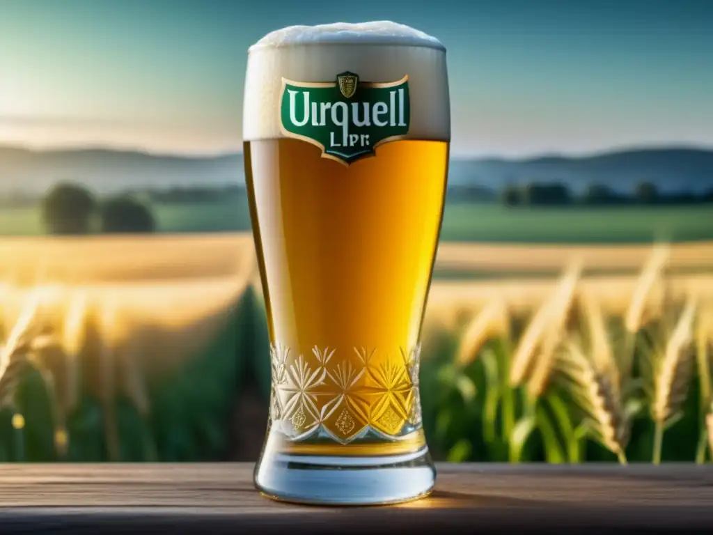 Vaso de cerveza Pilsner Urquell, detalle exquisito con patrones, condensación y burbujas -