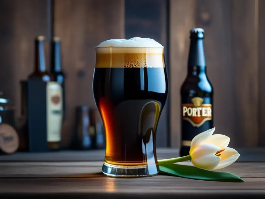 Fotografía detallada de una cerveza Porter Cerveza artesanal Inglaterra: Pintura Porter en tulipa, líquido oscuro y burbujas visibles en vaso de madera