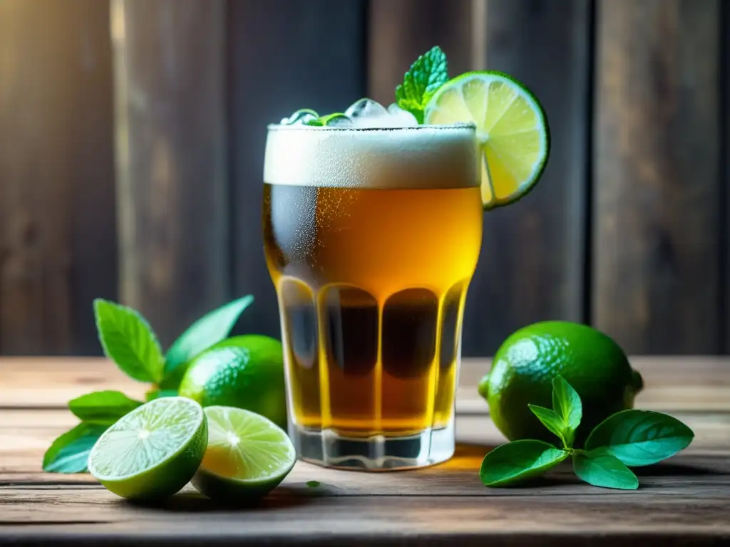 Imagen de una refrescante cerveza Chang en vaso, rodeada de limones y menta, con detalles en vidrio y burbujas (110 caracteres)