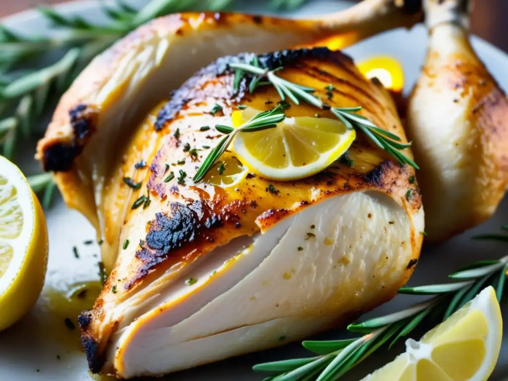 Pollo asado dorado con piel crujiente y hierbas Pollo asado con piel crujiente, acompañado de romero fresco, limón y aroma de hierbas y cítricos