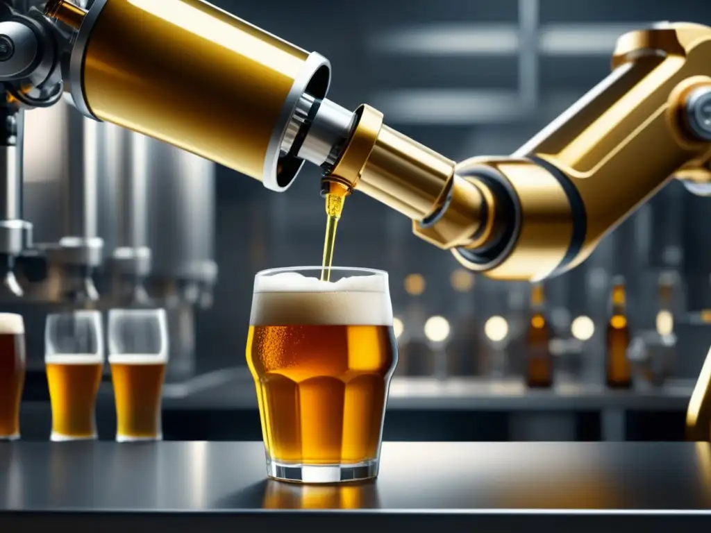 Automatización de cerveza: Robótica armada vierte líquido dorado en vaso, resalta precisión y eficiencia