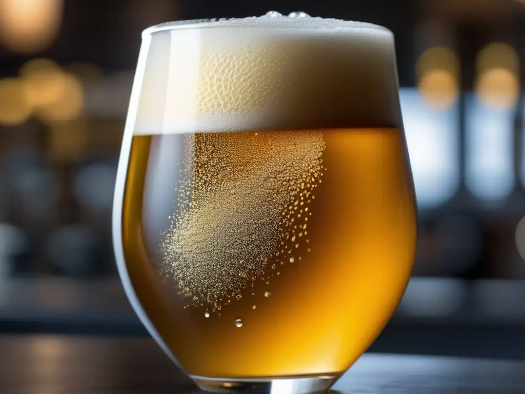 Cerveza Saison dorada en una delicada copa Imagen impactante de una cerveza Saison dorada en un vaso con detalles artesanales y burbujas efervescentes