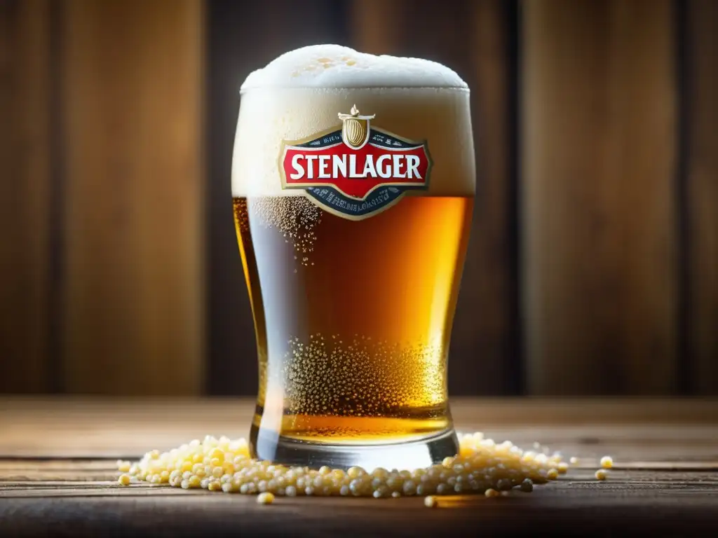 Cerveza Steinlager: dorada y burbujeante Cerveza Steinlager dorada con espuma cremosa en mesa rústica