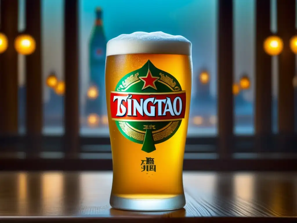Detalle perfecto de cerveza Tsingtao Imagen detallada de Tsingtao beer: vaso helado con logo, ingredientes y artesanía