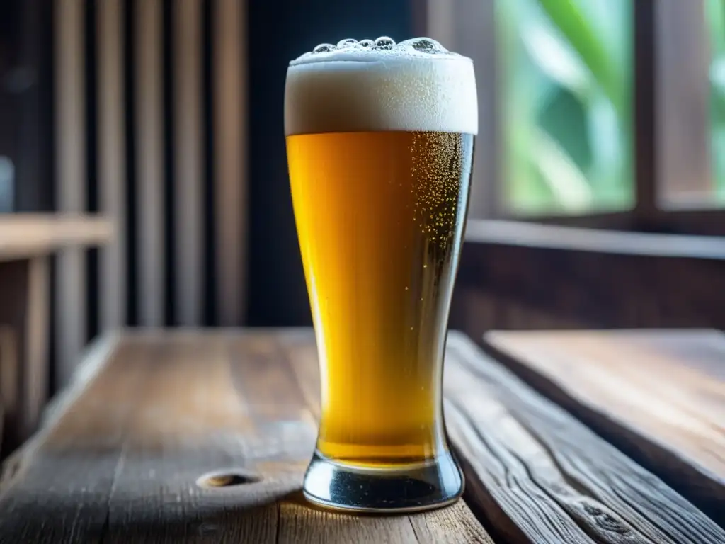 Vaso de cerveza Tulum Pilsner en mesa rústica Tulum Pilsner: Cerveza dorada con espuma blanca y burbujas en un vaso elegante sobre una mesa de madera