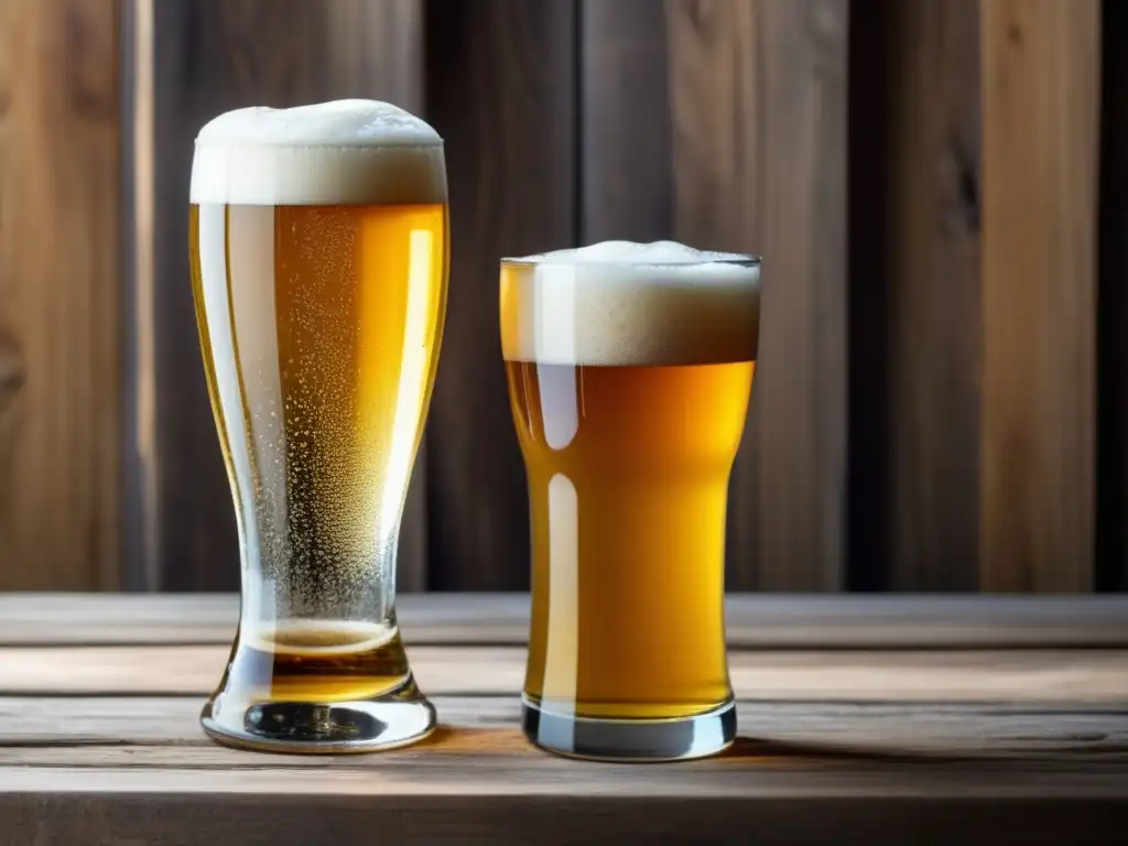 Vasos de Pilsner y trigo en mesa rústica Vaso Pilsner y Vaso de trigo, vidrio claro y mate, burbujas, condensación, elegante - La importancia del vidrio