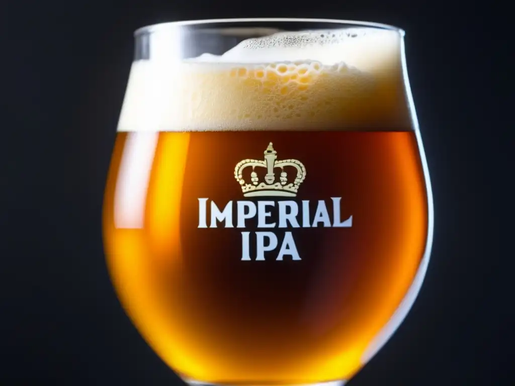 Cerveza Imperial IPA dorada con espuma cremosa - Cerveza Imperial IPA con espuma cremosa y burbujas de carbonatación, color ámbar vibrante y condensación refrescante en vaso oscuro