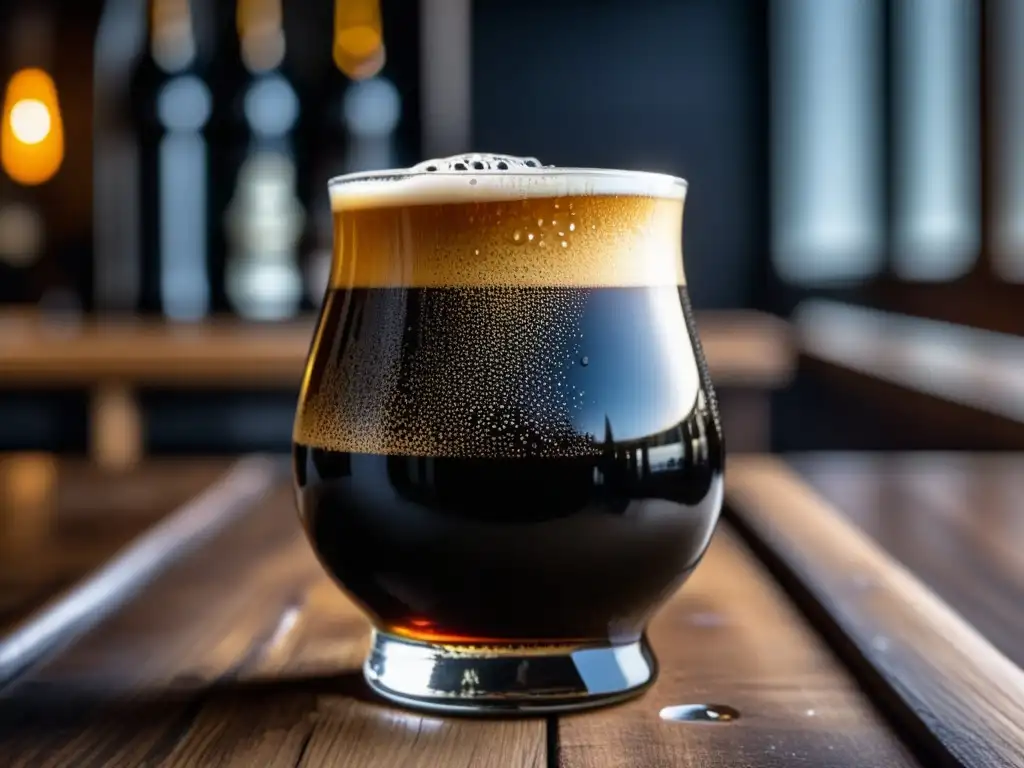 Imagen detallada de una cerveza 'Imperial Stout' negra como la noche en un vaso snifter, con una espuma cremosa y burbujas ascendentes