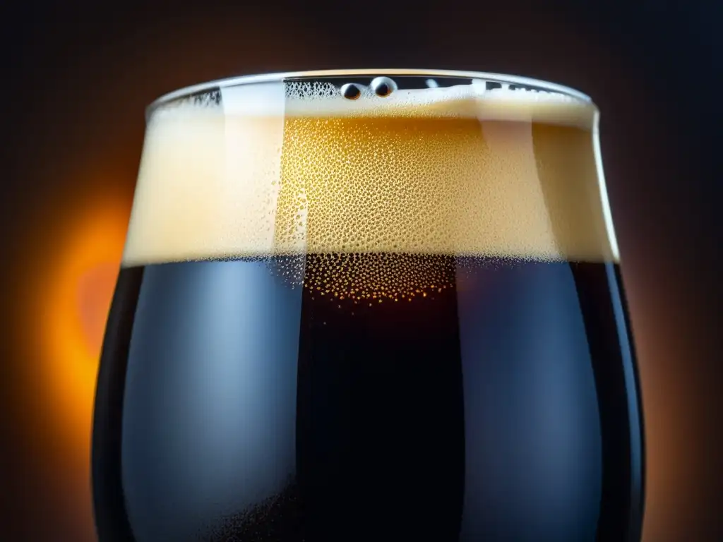 Copa llena de Imperial Stout: intenso color ébano, burbujas, espuma cremosa, textura sedosa, aspecto invitante