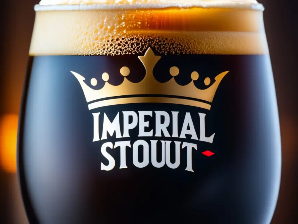 Vaso con Imperial Stout: cerveza negra, espuma cremosa y detalles texturizados