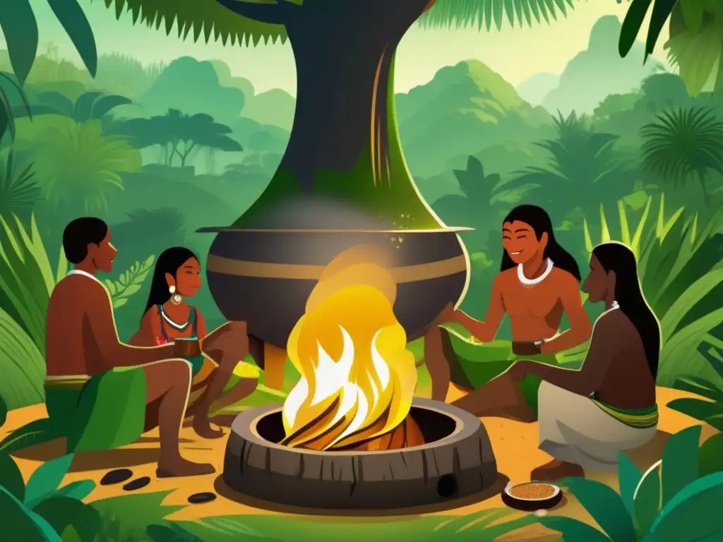 Tribu indígena brasileña elaborando cerveza de cauim tradicional Tribu indígena brasileña preparando cauim en selva exuberante (Brasil Precolonial)