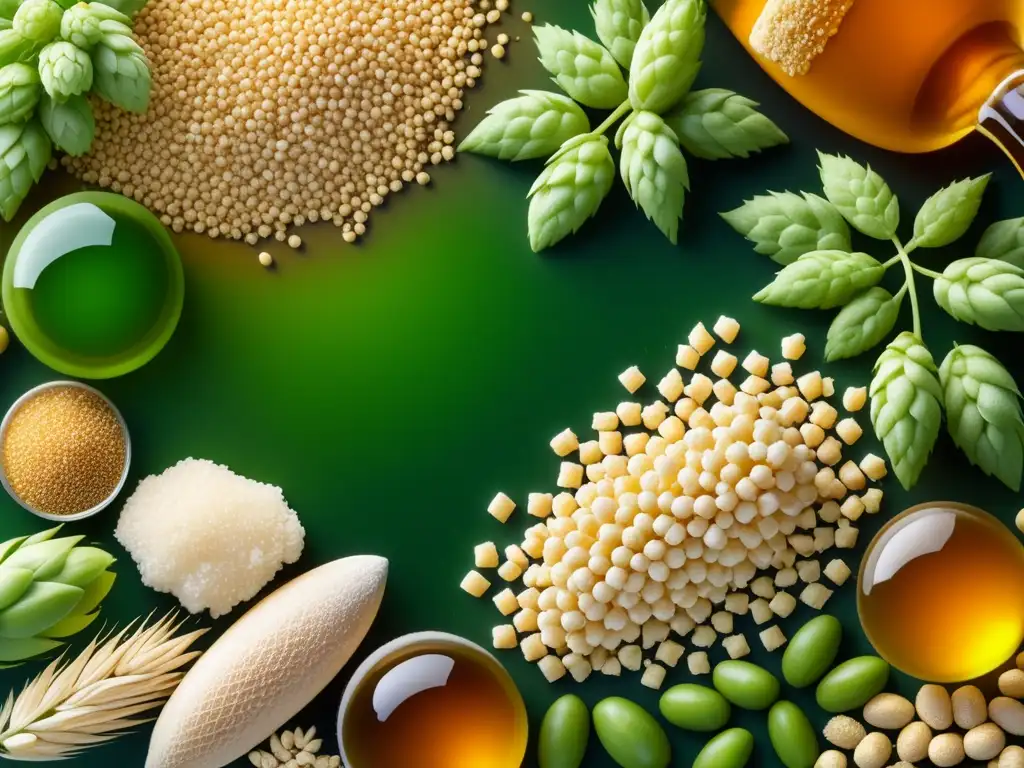 Ingredientes de cerveza en detalle Ingredientes de cerveza en detalle: granos, lúpulo, levadura y agua, resaltando su importancia en la fermentación