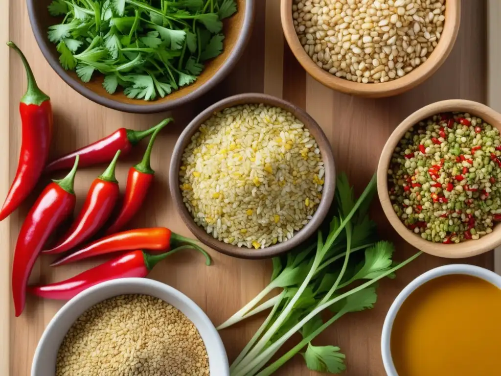 Deliciosa variedad de ingredientes en tabla de cortar Ingredientes para técnicas de adjunción: chili, cilantro, cebolla, ajo, especias, granos tostados