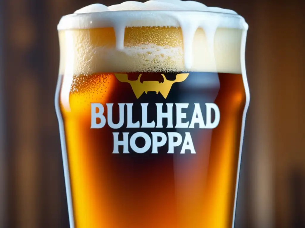 Cerveza Buller Hophead Double IPA Cerveza Buller Hophead Double IPA, una imagen realista de una copa llena de un vibrante líquido dorado, con una espuma blanca y burbujas carbonatadas