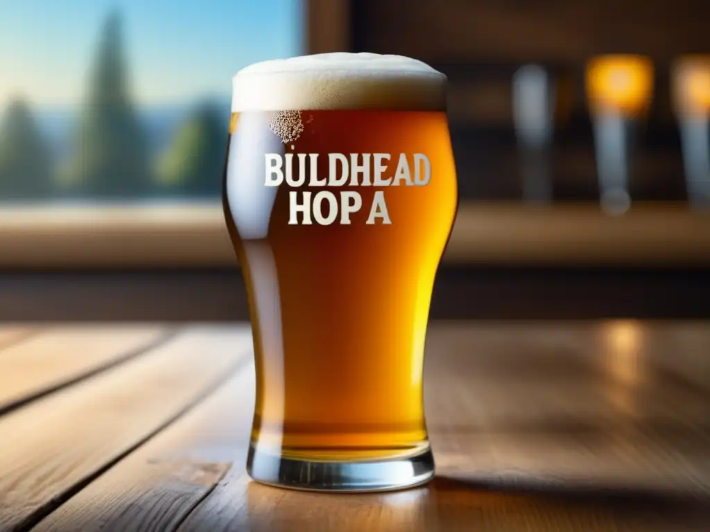 Cerveza Buller Hophead Double IPA en vidrio Impresionante imagen fotorealista de una copa de Buller Hophead Double IPA, una Imperial IPA dorada, en una mesa de madera