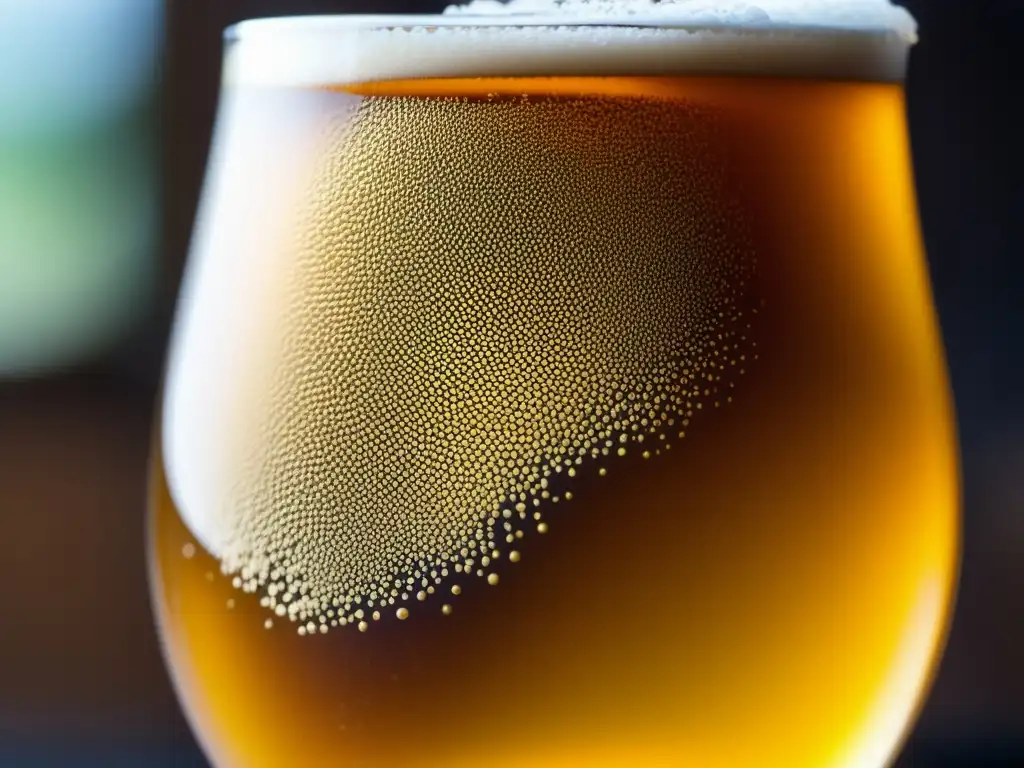 Cerveza IPA dorada con burbujas Cerveza IPA dorada con burbujas y lúpulos en proceso fríos