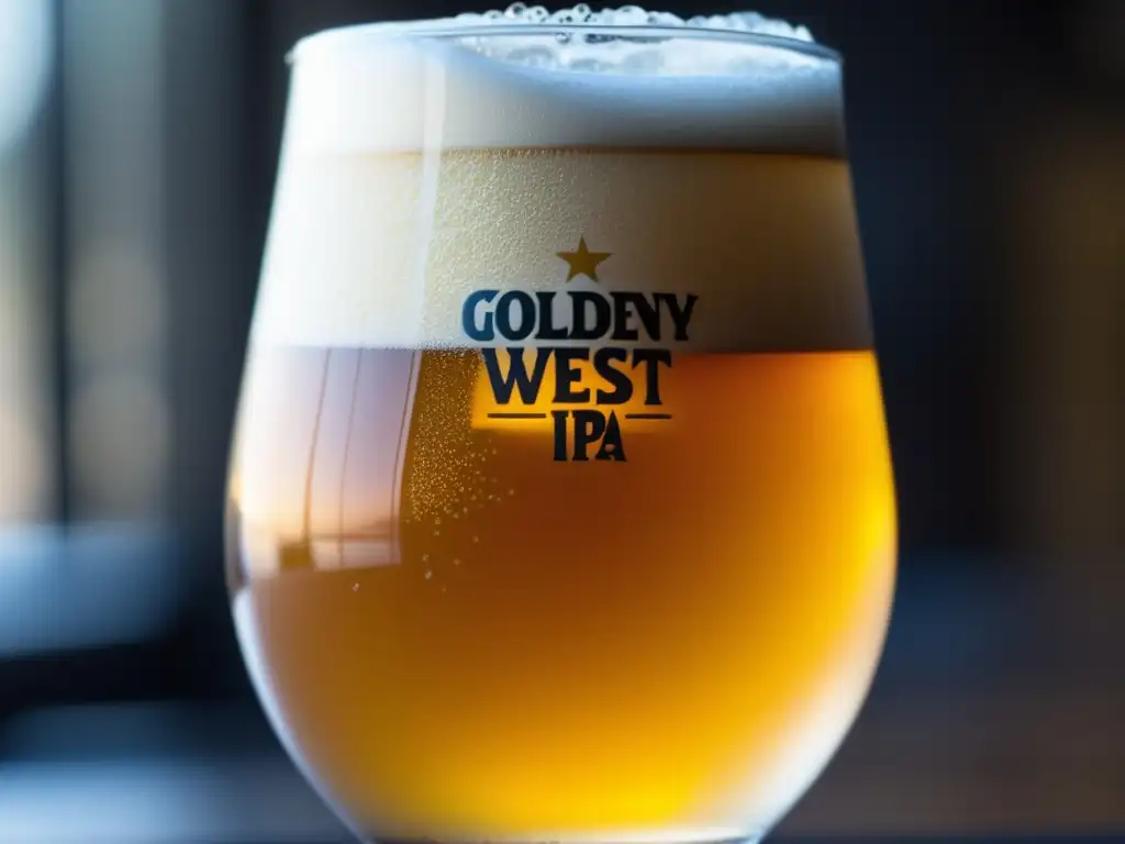 Cerveza West Coast IPA en vaso helado y burbujeante, con cabeza cremosa y efecto mesmerizante