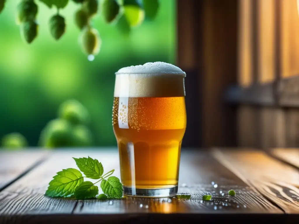 Frosty beer glass with golden IPA on wooden table Cerveza IPA dorada en vaso helado rodeada de lúpulos verdes - Temperatura ideal