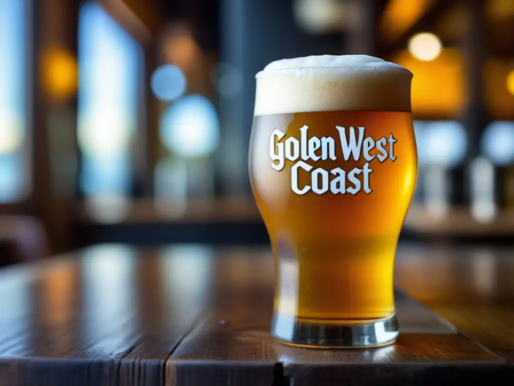 West Coast IPA en vaso de vidrio dorado en mesa de madera, con carbonatación y color radiante