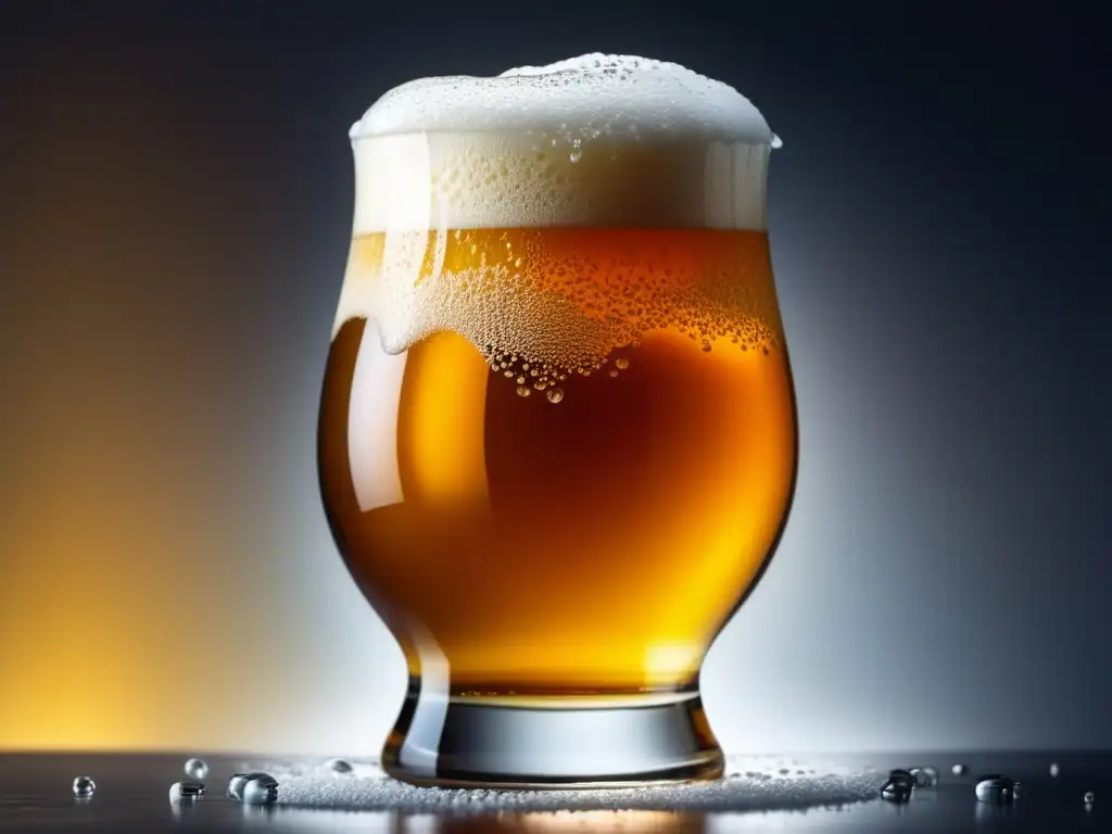 Cerveza IPA dorada con espuma cremosa Cerveza IPA dorada con espuma blanca y burbujas en un vaso tulipa