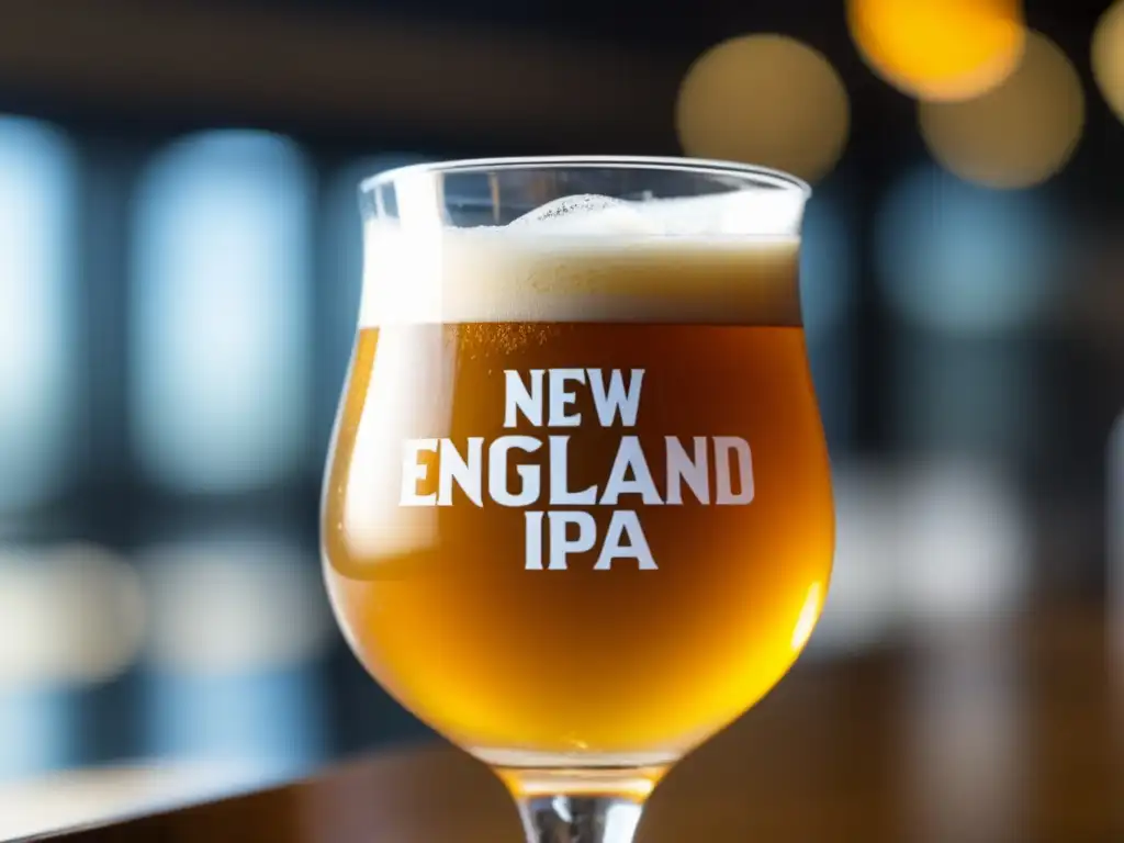 Cerveza IPA artesanal en copa tulipa Cerveza NEIPA dorada con espuma blanca, en vaso tulipa sobre mesa de madera con lúpulos y cítricos