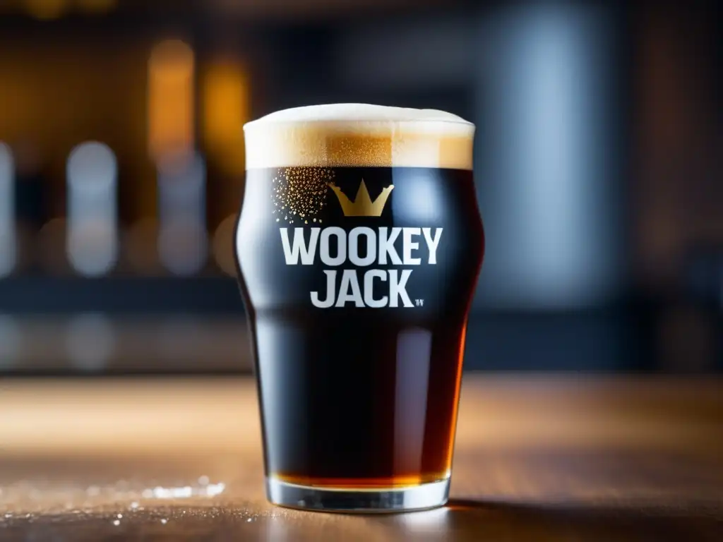 Foto de una apetecible cerveza Wookey Jack Black IPA, con burbujas danzantes y espuma coronando el vaso