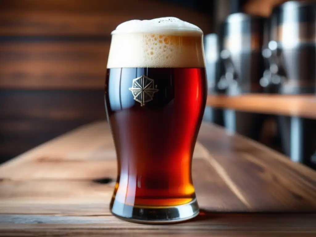 Red IPA en vidrio de madera, con espuma cremosa y burbujas, en ambiente cálido y sofisticado