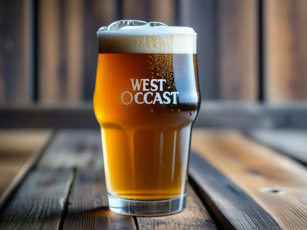 West Coast IPA: detalle de cerveza dorada en vaso, con burbujas, aroma a lúpulo y acabado mate