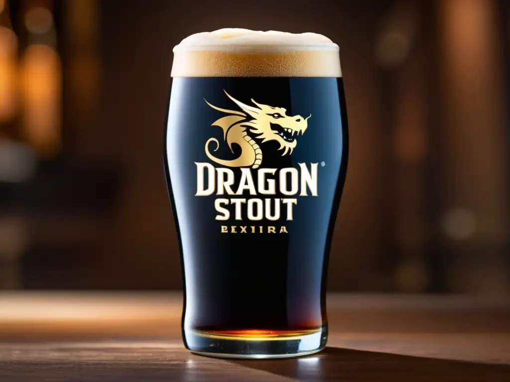 Imagen cautivadora de un vaso lleno hasta el borde con Dragon Stout, la cerveza jamaicana Foreign Extra Stout, destacando