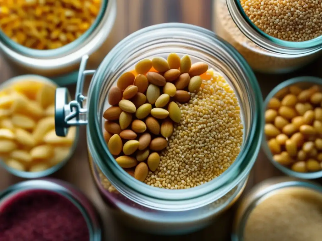 Cereales coloridos para homebrewing Guía cereales: Imagen 8k macro de un frasco con granos de diferentes colores y formas para homebrewing