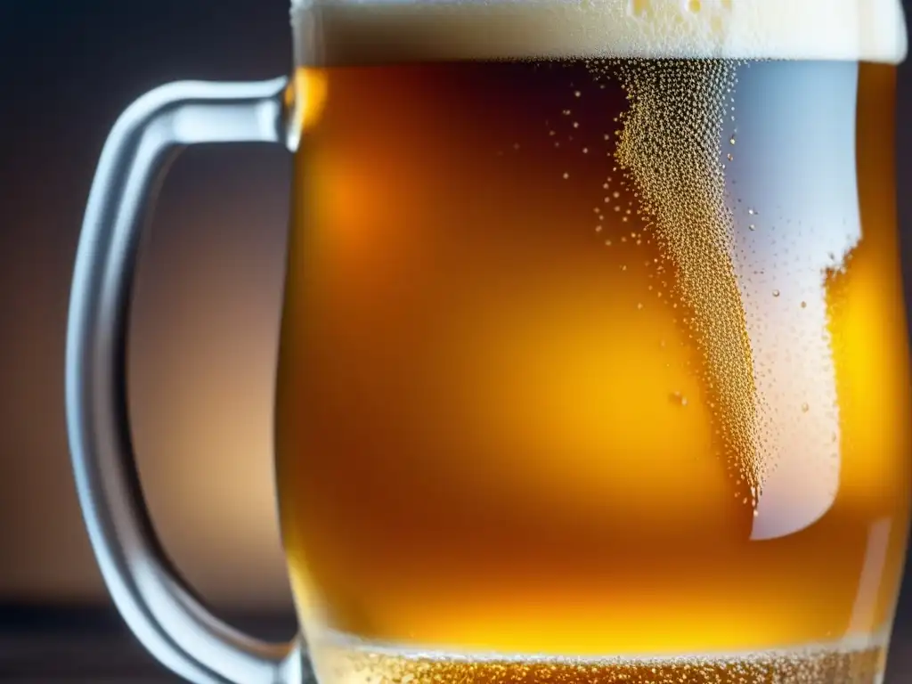 Cerveza artesanal dorada en vaso de vidrio con burbujas y condensación